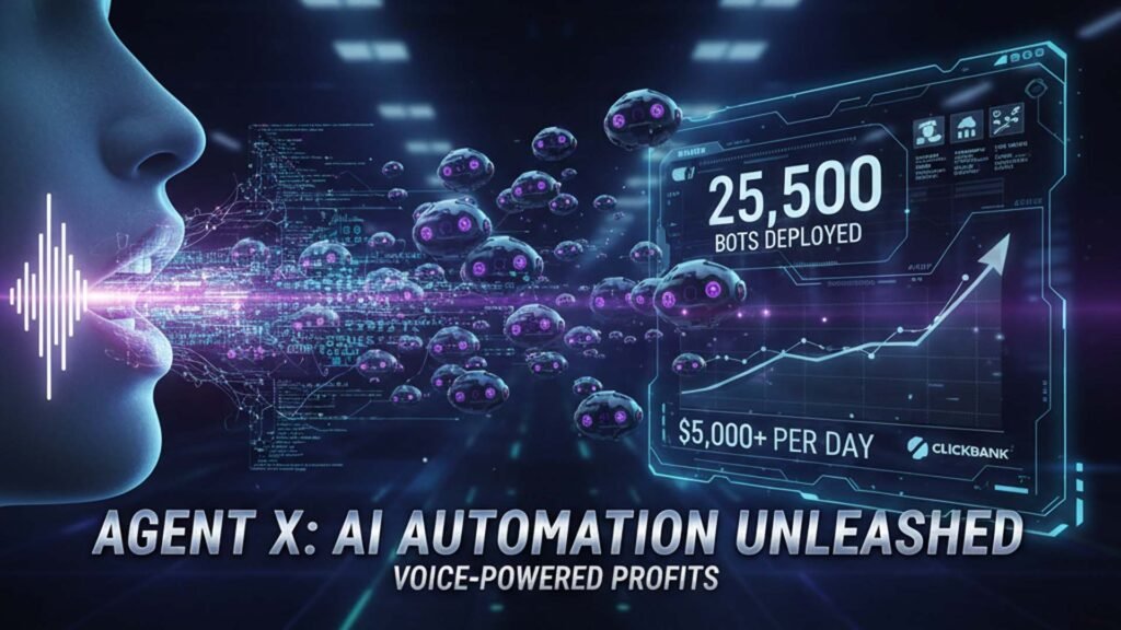 A dynamic banner showing a human profile speaking, emitting glowing sound waves that transform into numerous AI bots. These bots are flowing towards a futuristic digital interface displaying rapid growth charts, "$5,000+ per day," and the text "25,500 Bots Deployed," all representing Agent X's voice-powered AI automation for profits.