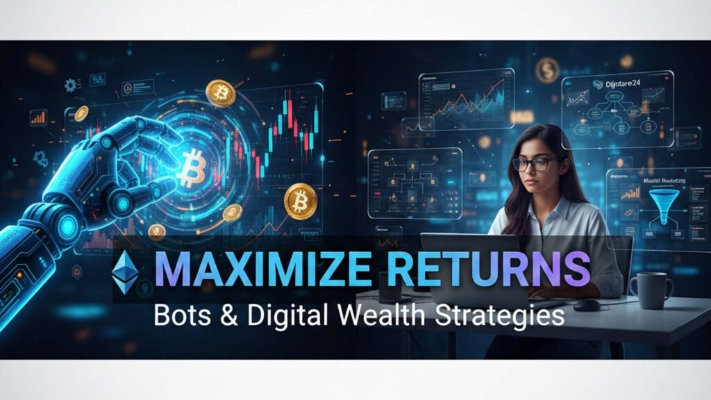 A professional visual representing automated crypto trading (via a robotic hand and Bitcoin charts) blended with digital wealth creation strategies (shown by a woman analyzing data and business flow diagrams on a laptop).