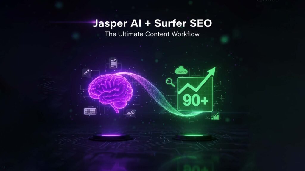 A digital graphic showing a purple stylized brain (representing Jasper AI) connected to a green SEO content score chart (representing Surfer SEO), illustrating the powerful, optimized workflow for creating high-ranking content.