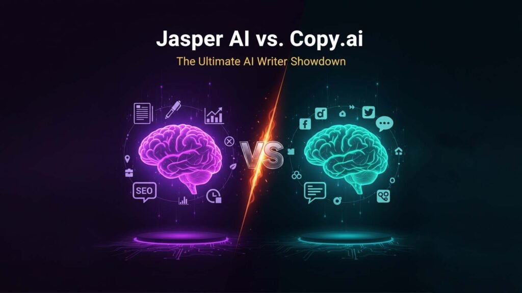 Digital artwork depicting a head-to-head showdown between two powerful AI systems, stylized with purple and teal digital interfaces, representing the competition between Jasper AI and Copy.ai for content writing superiority.