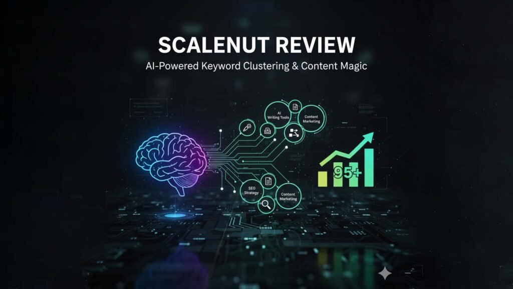 A 3D digital graphic illustrating the concept of AI-driven keyword clustering, showing a network map of connected topics emerging from a stylized microchip, symbolizing the power of Scalenut's content strategy features.