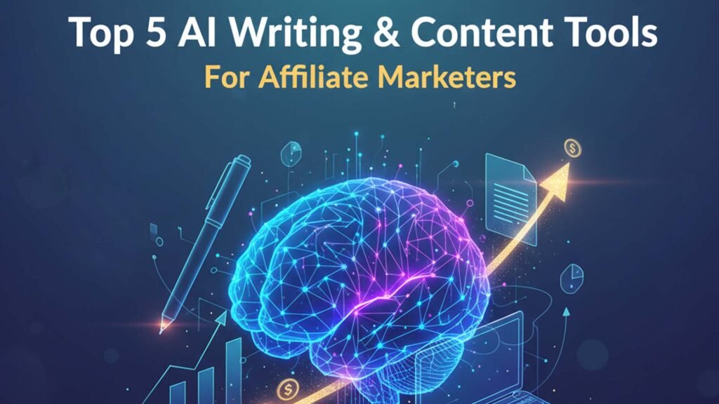 Digital illustration of an AI arm (robot) interacting with a hologram showing text, content outlines, and conversion rate graphs, symbolizing AI-powered content creation for affiliate success.